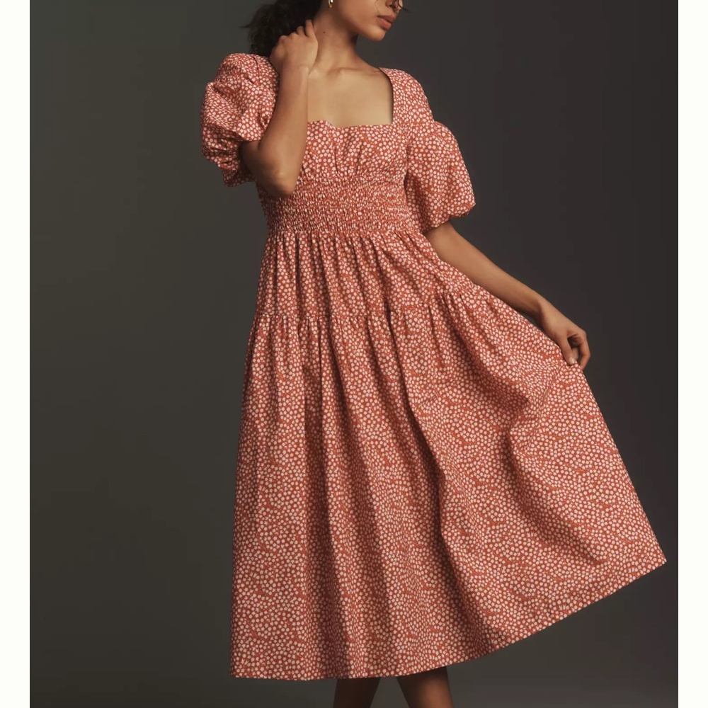 NWT By Anthropologie Puff-Sleeve Smocked Poplin Midi Dress